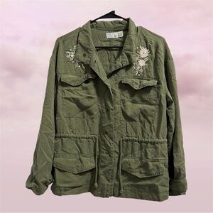 Time and Tru Olive Green Floral-Embroidered Utility Jacket Size M